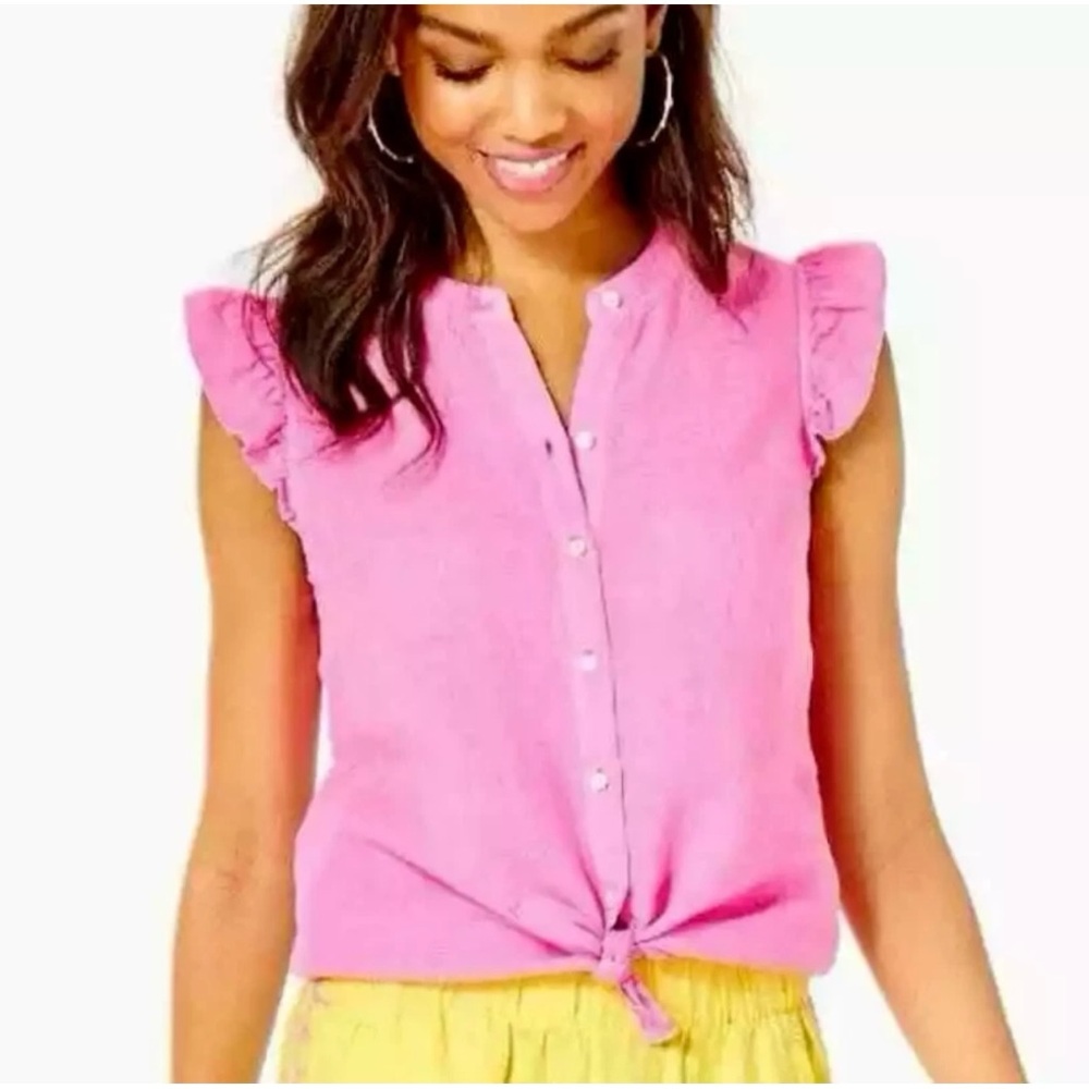 Lilly Pulitzer Hot Pink Ruffle-Sleeve Linen Button Tie-Front Blouse Coquette